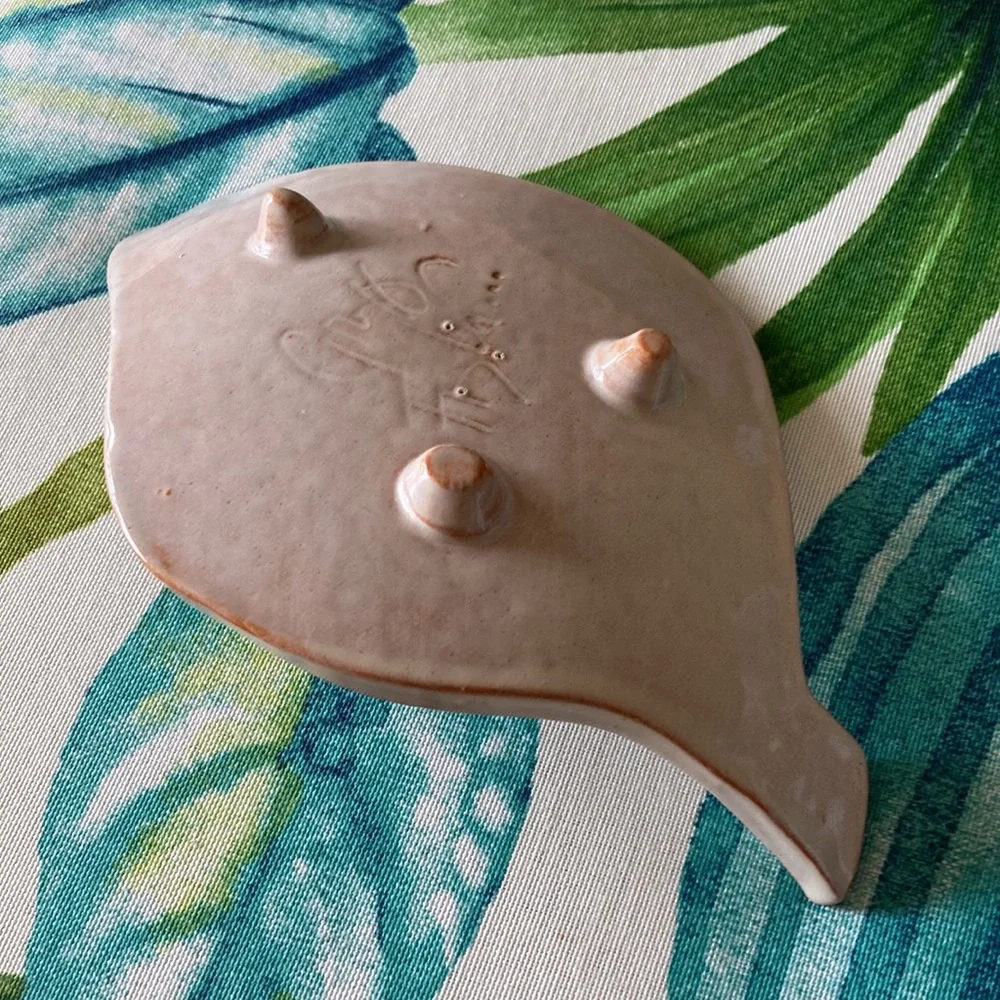 Leaf Imprint Art Dish Studio Pottery Curved Plate with Feet Signed Soap Dish